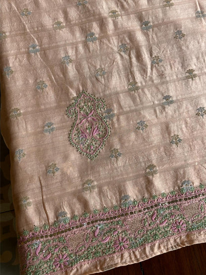 Dusty Peach Shade Zari Booti Fine Chikankari With Kamdani Work Unstitched Fabric