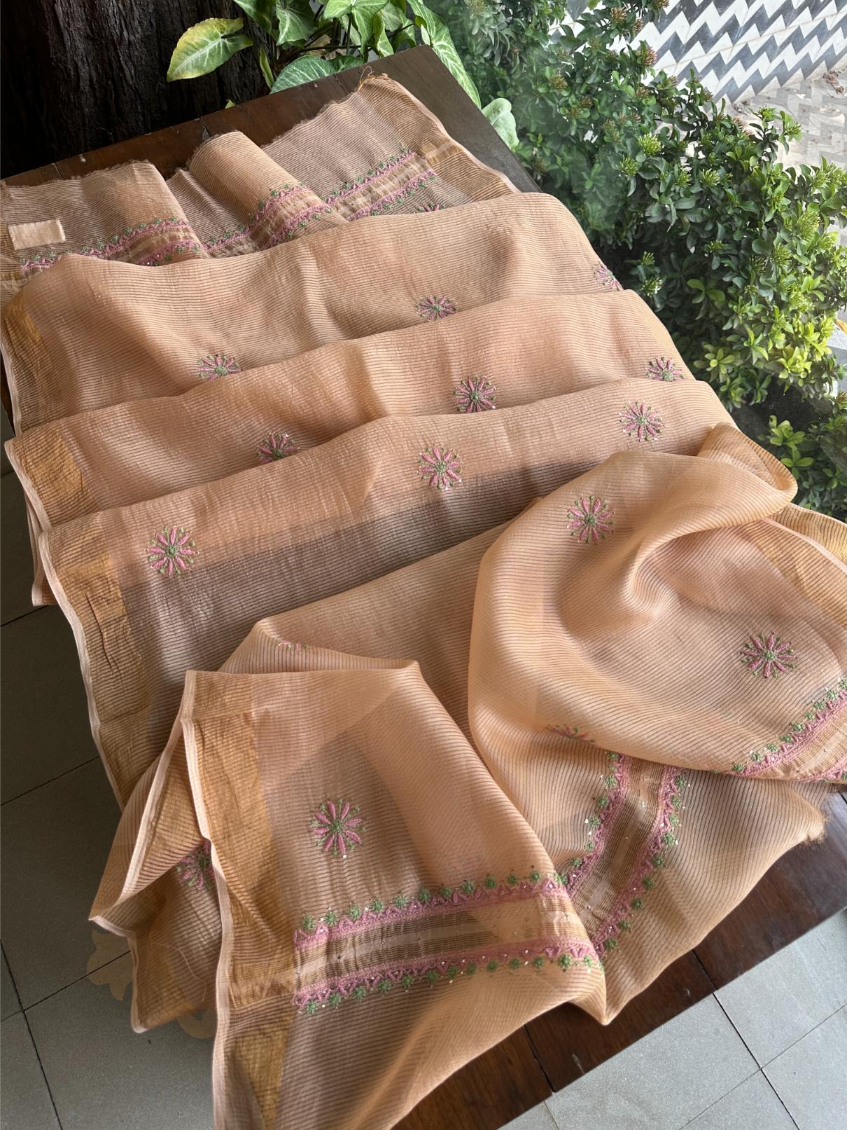 Dusty Peach Shade Zari Booti Fine Chikankari With Kamdani Work Unstitched Fabric