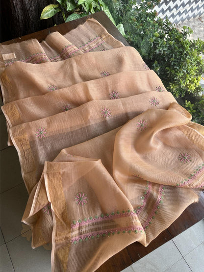 Dusty Peach Shade Zari Booti Fine Chikankari With Kamdani Work Unstitched Fabric