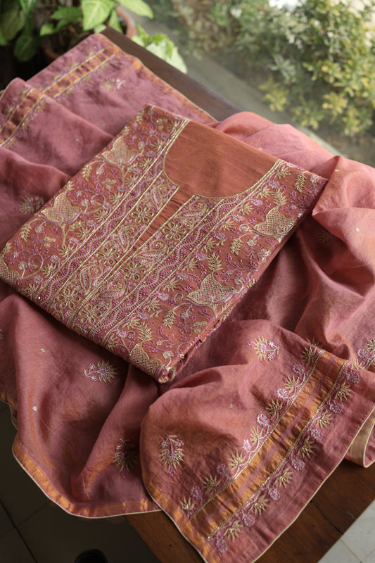 Dusty Pink Roheen Tissue Silk Chikankari Unstitched Fabrics