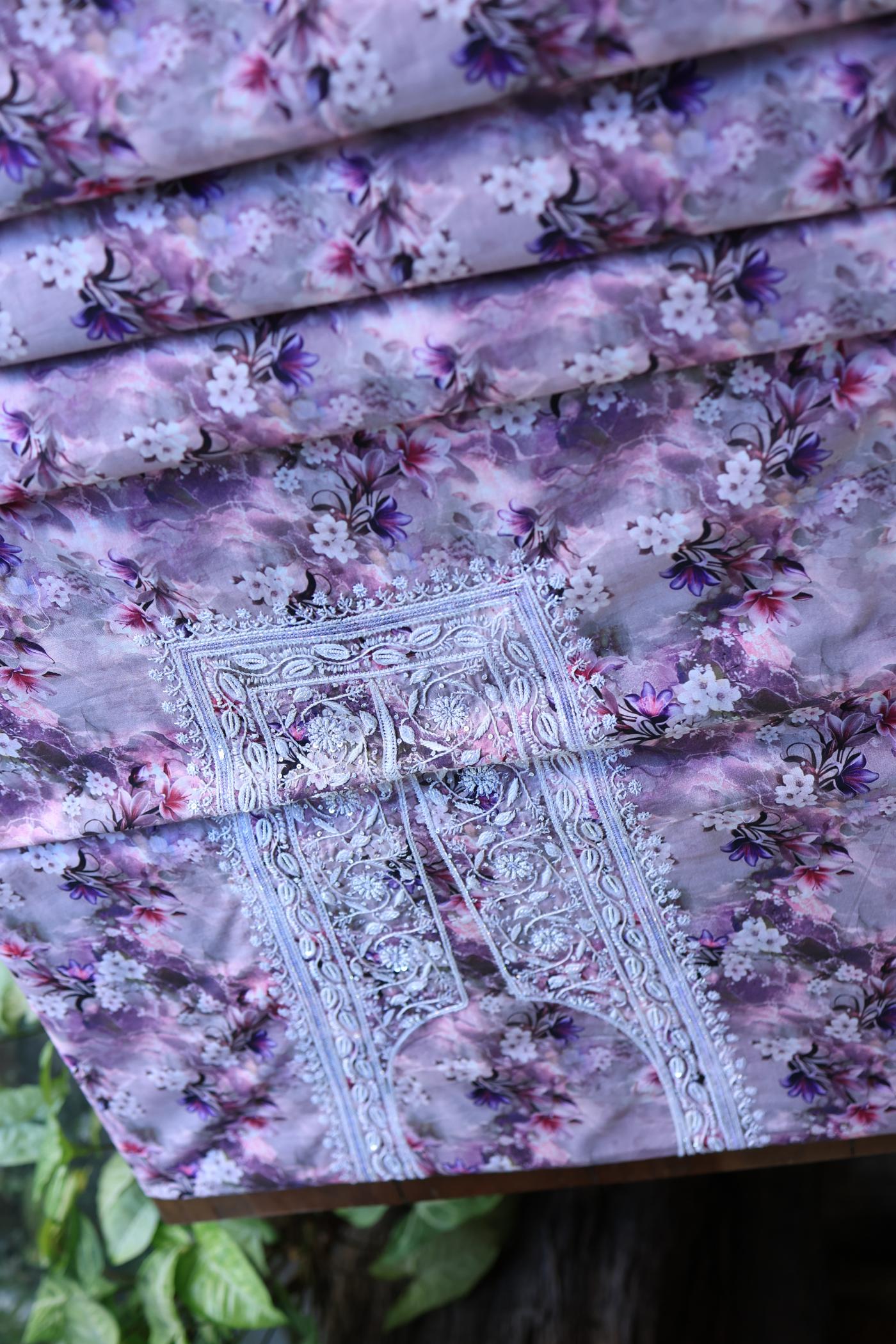 Dusty Purple Floral Cotton Kurta Fabric with Chikankari Embroidered Neckline