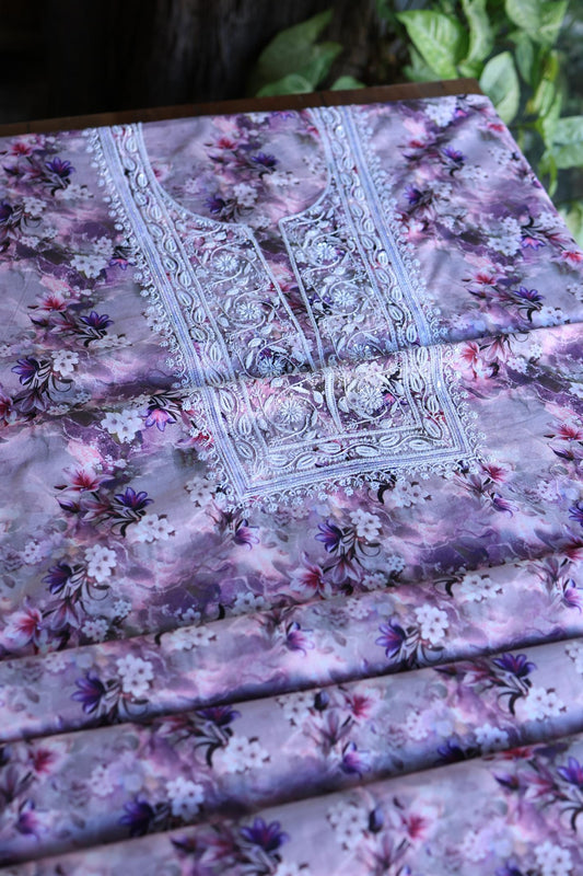 Dusty Purple Floral Cotton Kurta Fabric with Chikankari Embroidered Neckline
