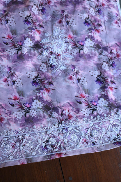 Dusty Purple Floral Cotton Kurta Fabric with Chikankari Embroidered Neckline
