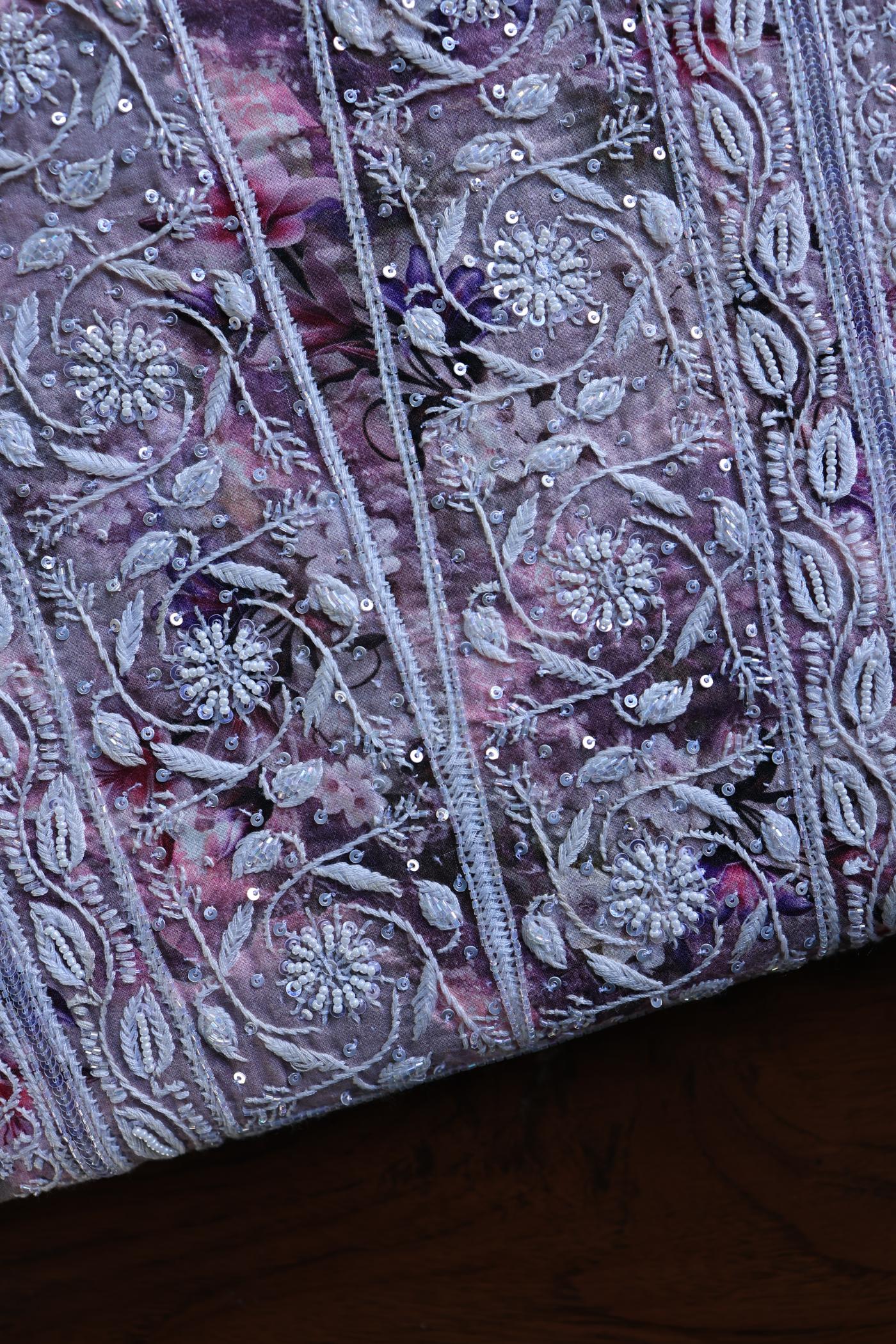 Dusty Purple Floral Cotton Kurta Fabric with Chikankari Embroidered Neckline