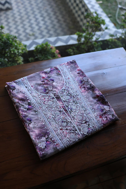 Dusty Purple Floral Cotton Kurta Fabric with Chikankari Embroidered Neckline