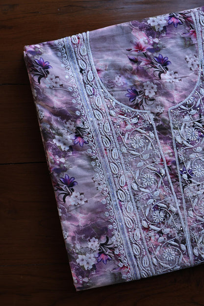 Dusty Purple Floral Cotton Kurta Fabric with Chikankari Embroidered Neckline