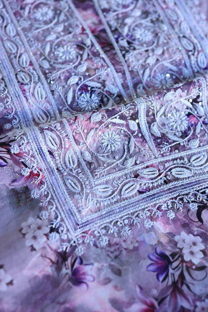 Dusty Purple Floral Cotton Kurta Fabric with Chikankari Embroidered Neckline