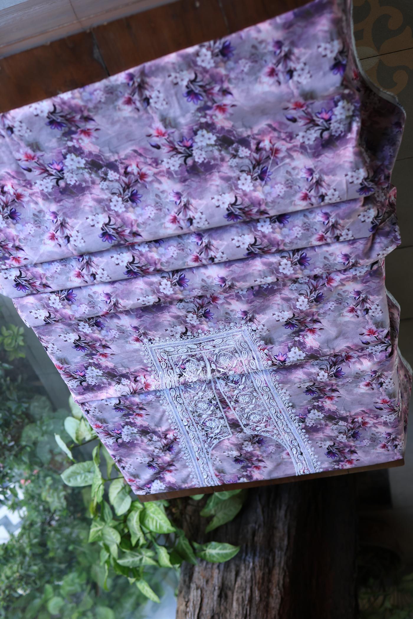 Dusty Purple Floral Cotton Kurta Fabric with Chikankari Embroidered Neckline