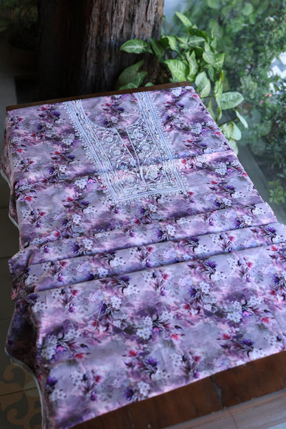 Dusty Purple Floral Cotton Kurta Fabric with Chikankari Embroidered Neckline