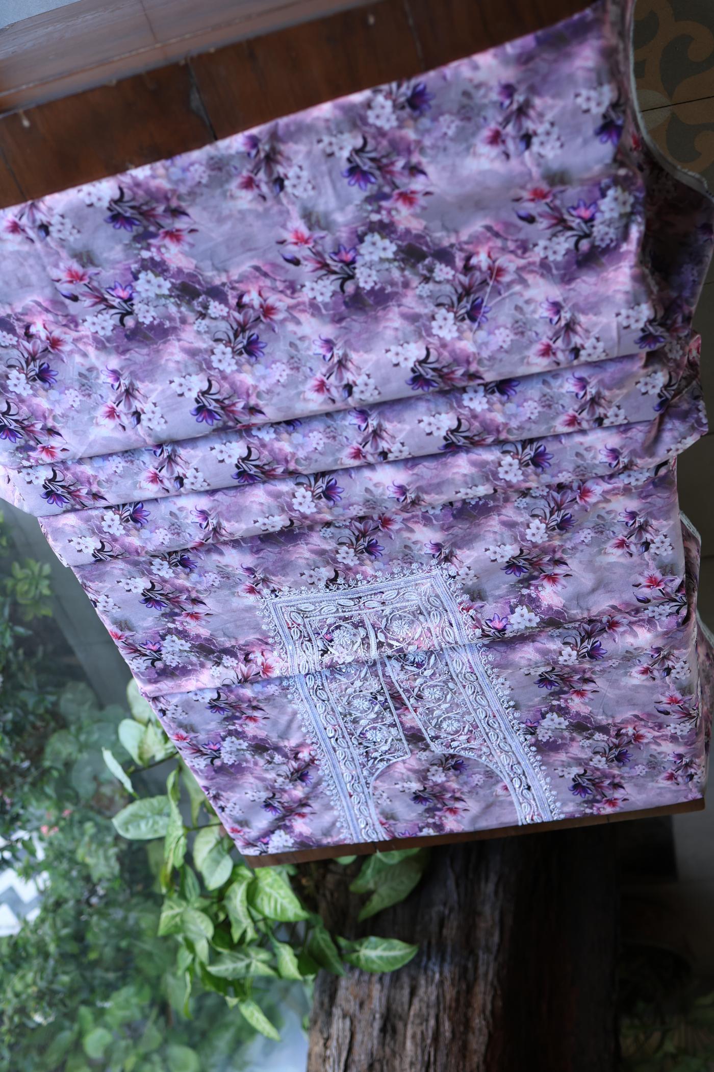 Dusty Purple Floral Cotton Kurta Fabric with Chikankari Embroidered Neckline
