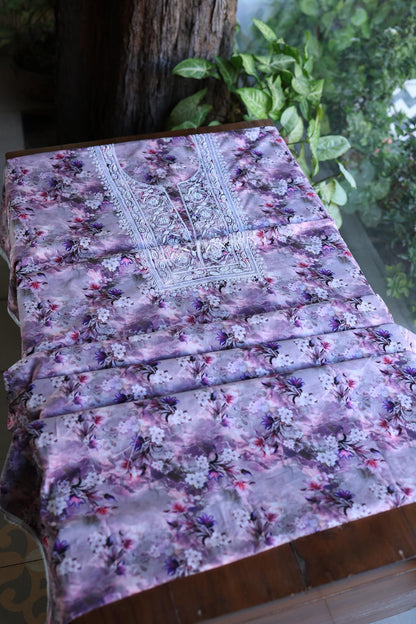 Dusty Purple Floral Cotton Kurta Fabric with Chikankari Embroidered Neckline