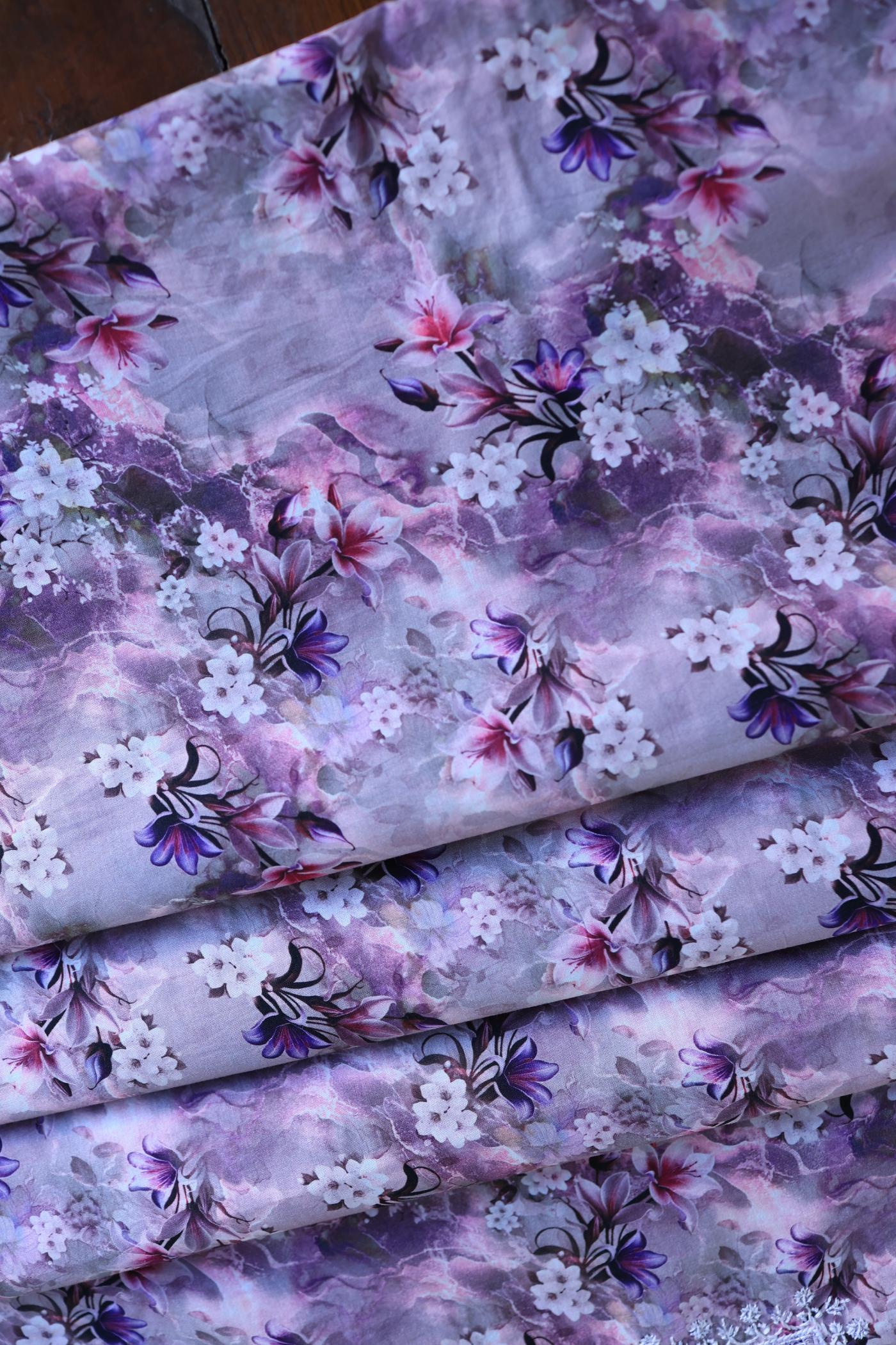 Dusty Purple Floral Cotton Kurta Fabric with Chikankari Embroidered Neckline