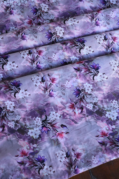 Dusty Purple Floral Cotton Kurta Fabric with Chikankari Embroidered Neckline