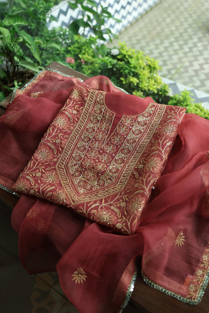 Dusty Red Noor Organza Silk Chikankari Unstitched Kurta Dupatta Set