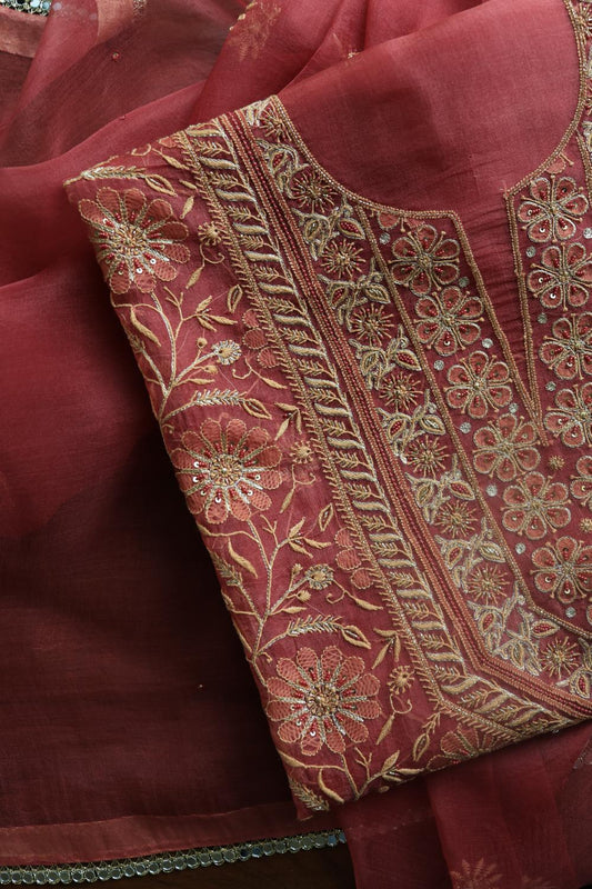 Dusty Red Noor Organza Silk Chikankari Unstitched Kurta Dupatta Set