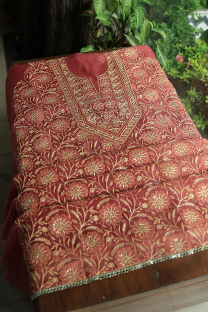 Dusty Red Noor Organza Silk Chikankari Unstitched Kurta Dupatta Set