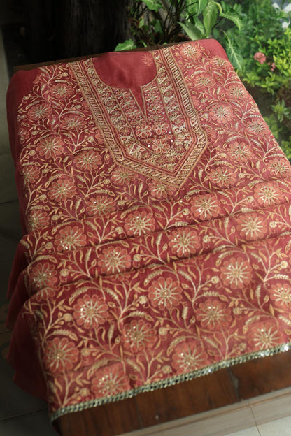 Dusty Red Noor Organza Silk Chikankari Unstitched Kurta Dupatta Set