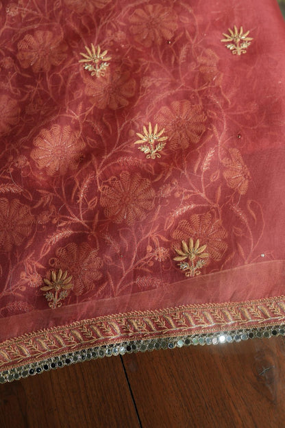 Dusty Red Noor Organza Silk Chikankari Unstitched Kurta Dupatta Set