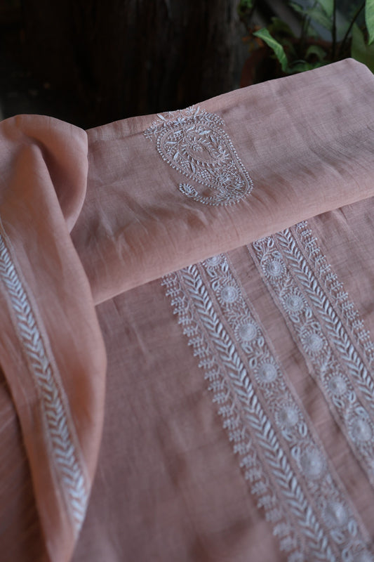 Dusty Rose Mulmul Chikankari Unstitched Men's Kurtas Fabric