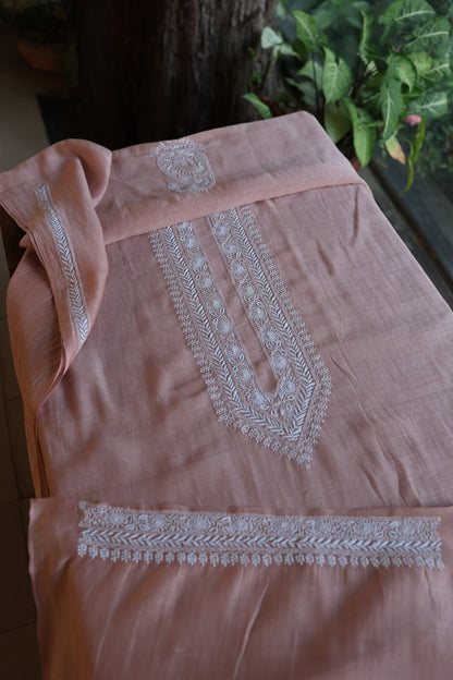 Dusty Rose Mulmul Chikankari Unstitched Men's Kurtas Fabric