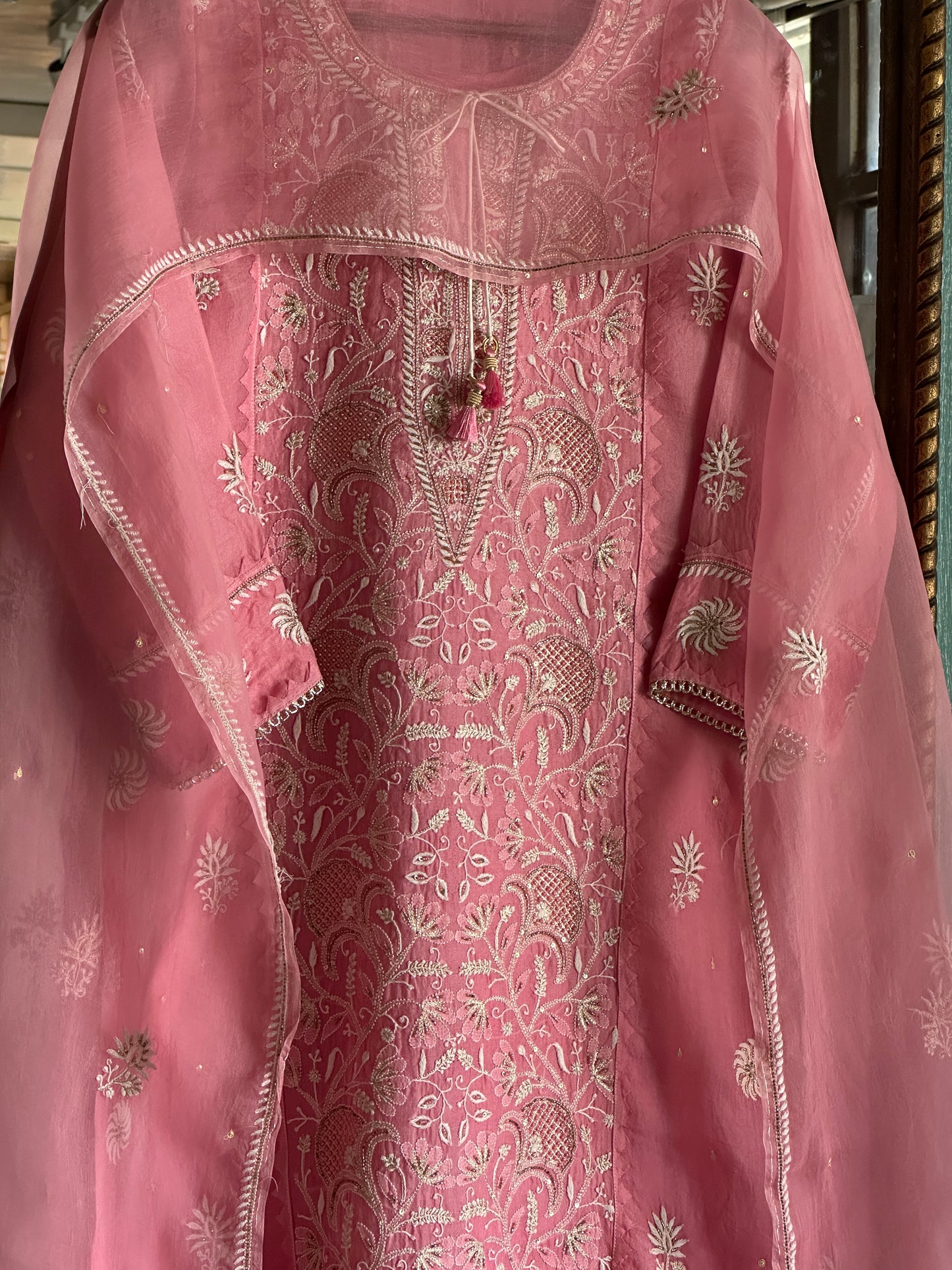 Dusty Rose Noor Organza Silk Chikankari Straight Cut Kurta Dupatta Set