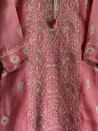 Dusty Rose Noor Organza Silk Chikankari Straight Cut Kurta Dupatta Set