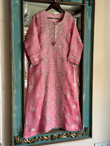 Dusty Rose Noor Organza Silk Chikankari Straight Cut Kurta Dupatta Set