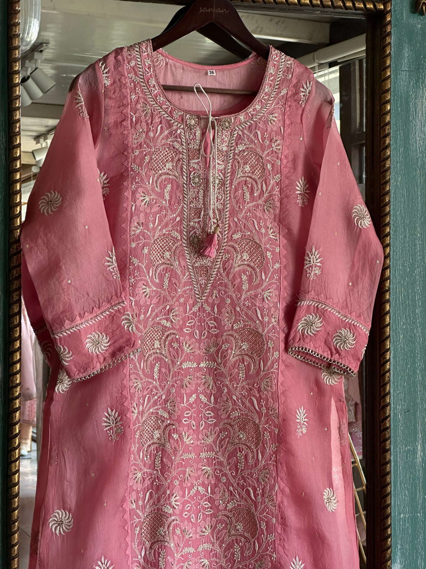 Dusty Rose Noor Organza Silk Chikankari Straight Cut Kurta Dupatta Set
