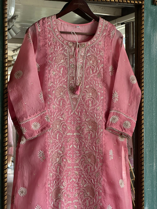 Dusty Rose Noor Organza Silk Chikankari Straight Cut Kurta Dupatta Set