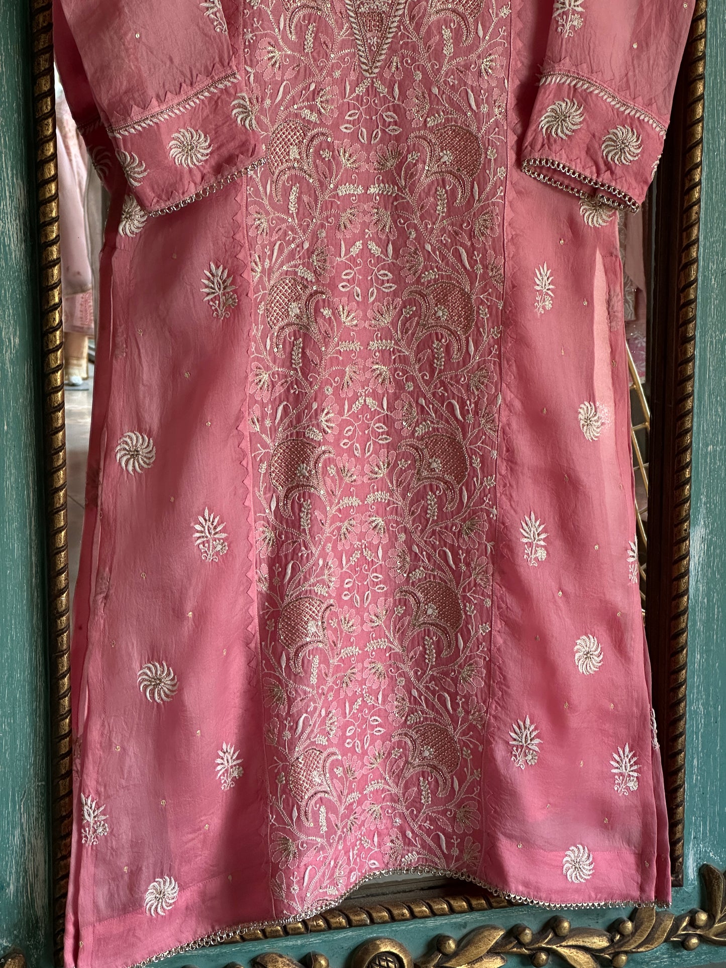 Dusty Rose Noor Organza Silk Chikankari Straight Cut Kurta Dupatta Set