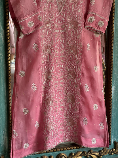Dusty Rose Noor Organza Silk Chikankari Straight Cut Kurta Dupatta Set