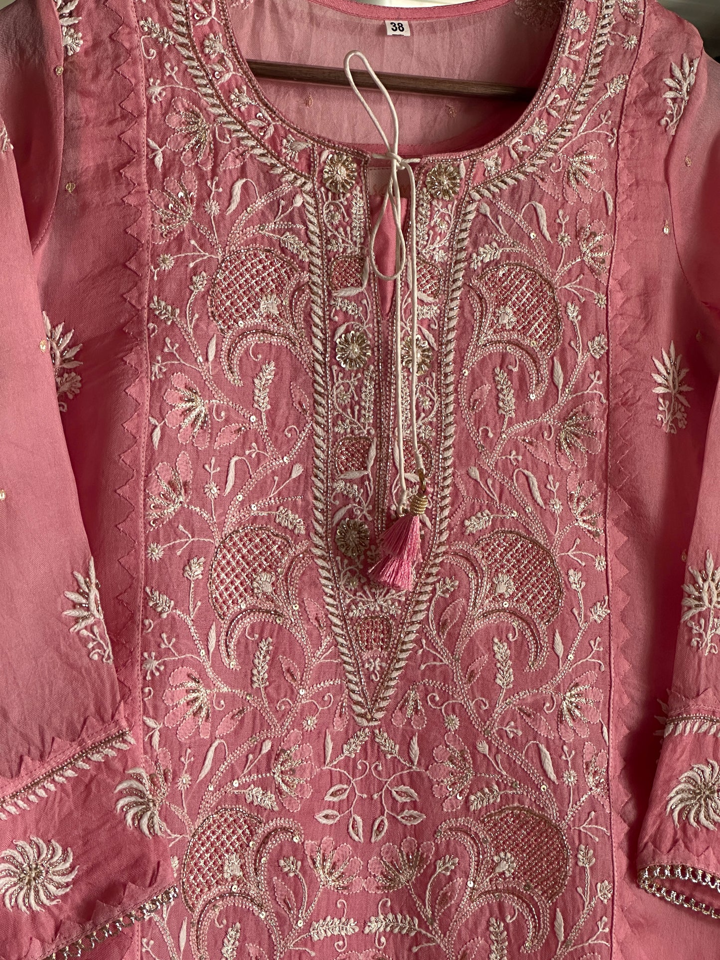 Dusty Rose Noor Organza Silk Chikankari Straight Cut Kurta Dupatta Set