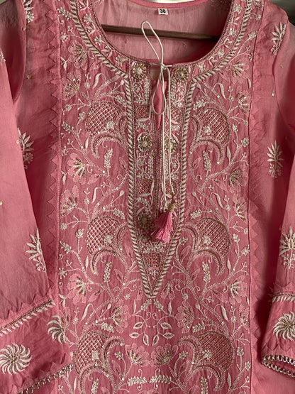 Dusty Rose Noor Organza Silk Chikankari Straight Cut Kurta Dupatta Set