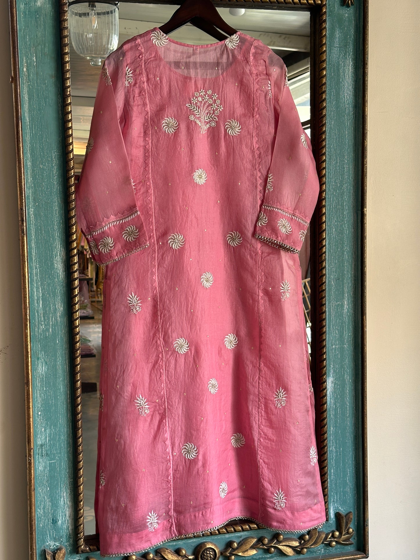 Dusty Rose Noor Organza Silk Chikankari Straight Cut Kurta Dupatta Set