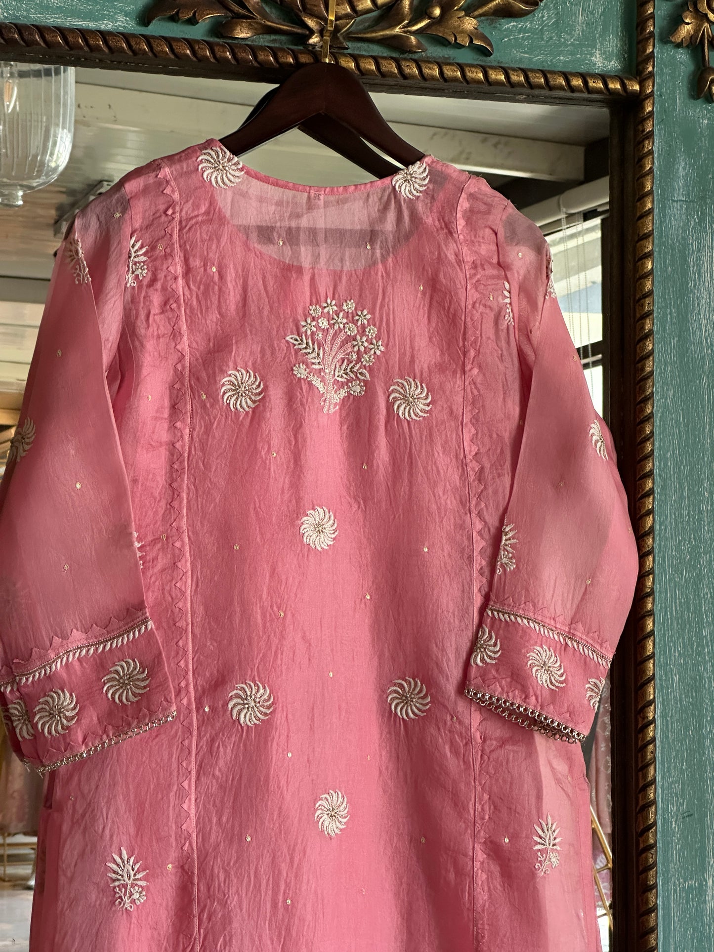 Dusty Rose Noor Organza Silk Chikankari Straight Cut Kurta Dupatta Set