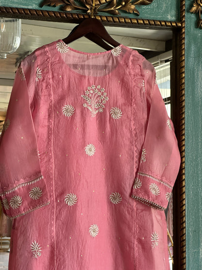 Dusty Rose Noor Organza Silk Chikankari Straight Cut Kurta Dupatta Set