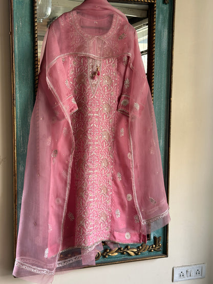 Dusty Rose Noor Organza Silk Chikankari Straight Cut Kurta Dupatta Set