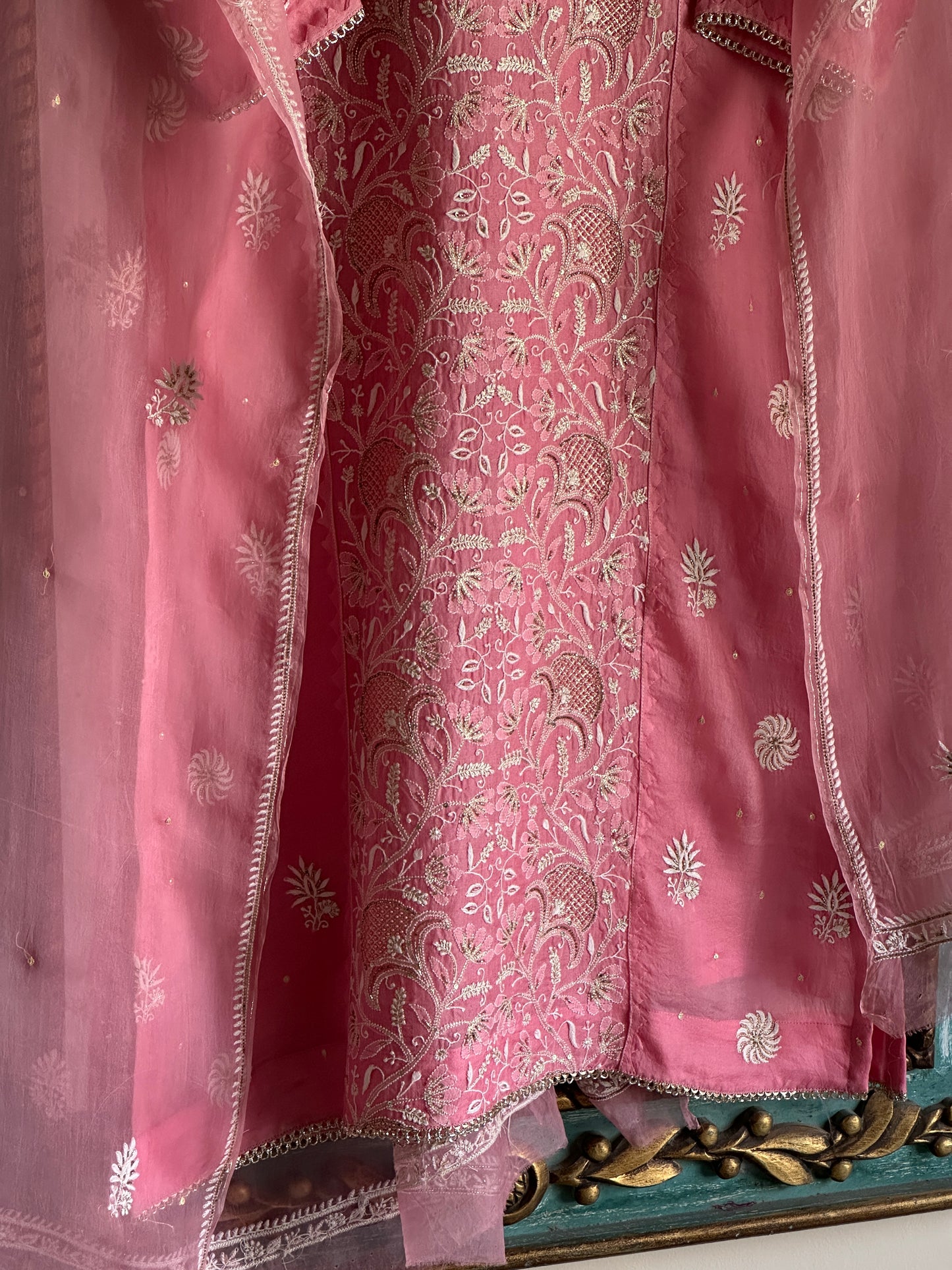 Dusty Rose Noor Organza Silk Chikankari Straight Cut Kurta Dupatta Set