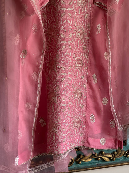 Dusty Rose Noor Organza Silk Chikankari Straight Cut Kurta Dupatta Set