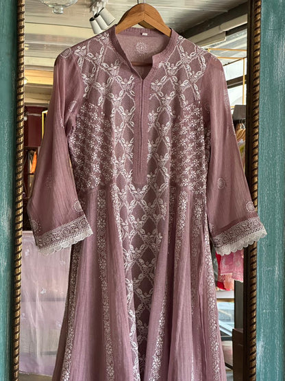 Dusty Rose Shade | Tissue Silk Chikankari Work Kalidaar Kurta Dupatta Set