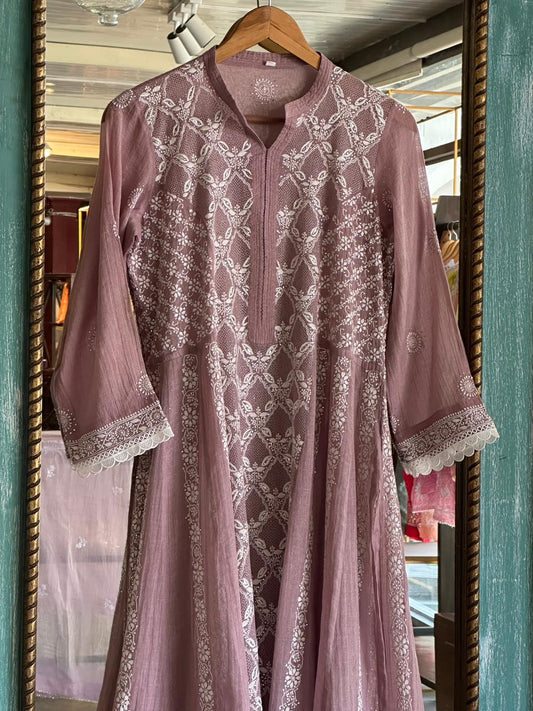 Dusty Rose Shade | Tissue Silk Chikankari Work Kalidaar Kurta Dupatta Set