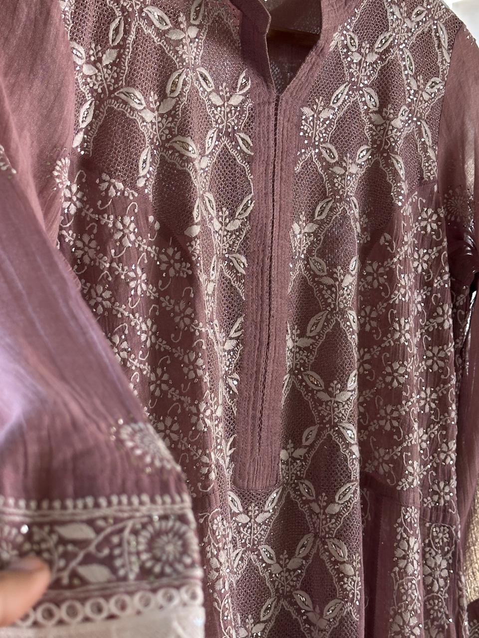 Dusty Rose Shade | Tissue Silk Chikankari Work Kalidaar Kurta Dupatta Set