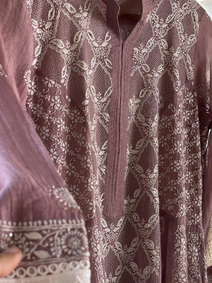 Dusty Rose Shade | Tissue Silk Chikankari Work Kalidaar Kurta Dupatta Set