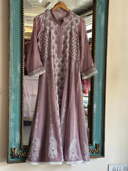 Dusty Rose Shade | Tissue Silk Chikankari Work Kalidaar Kurta Dupatta Set