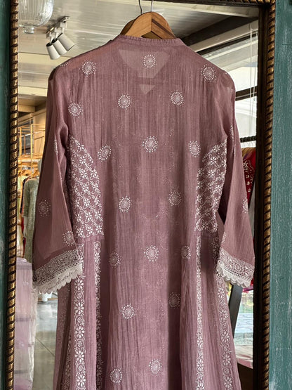 Dusty Rose Shade | Tissue Silk Chikankari Work Kalidaar Kurta Dupatta Set