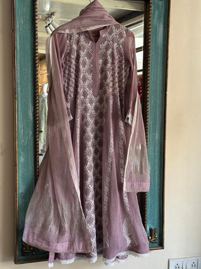 Dusty Rose Shade | Tissue Silk Chikankari Work Kalidaar Kurta Dupatta Set