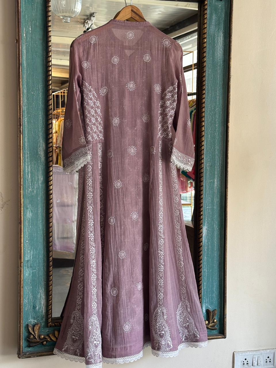 Dusty Rose Shade | Tissue Silk Chikankari Work Kalidaar Kurta Dupatta Set