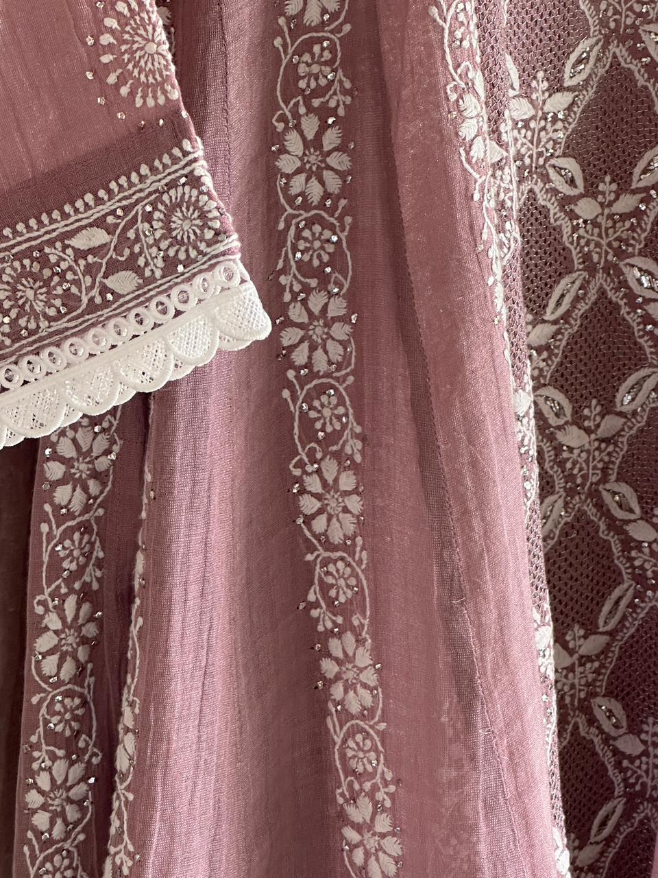 Dusty Rose Shade | Tissue Silk Chikankari Work Kalidaar Kurta Dupatta Set