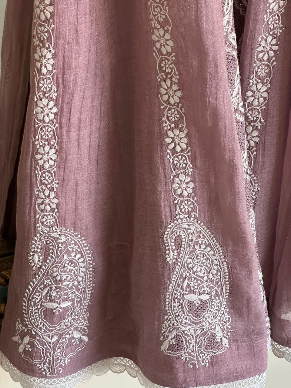 Dusty Rose Shade | Tissue Silk Chikankari Work Kalidaar Kurta Dupatta Set