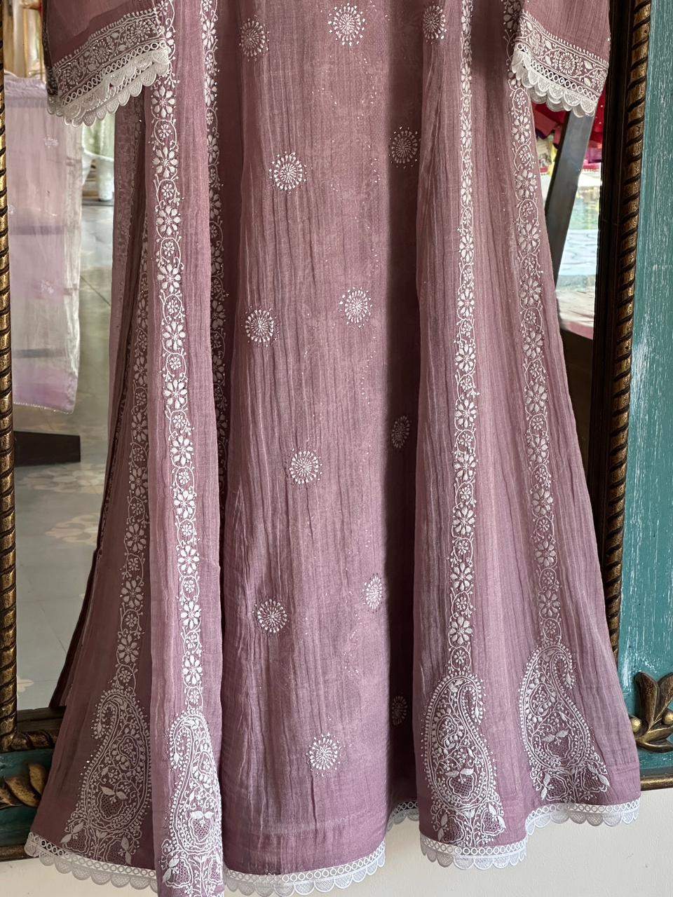 Dusty Rose Shade | Tissue Silk Chikankari Work Kalidaar Kurta Dupatta Set